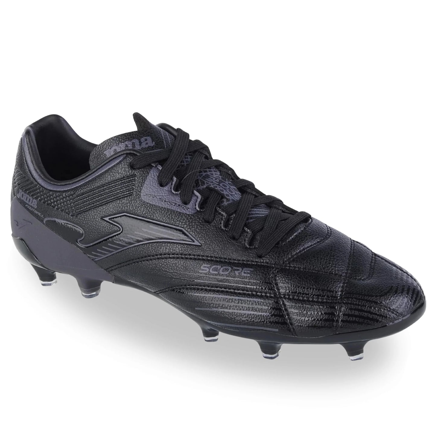 Black soccer cleat with visible branding on a white background
