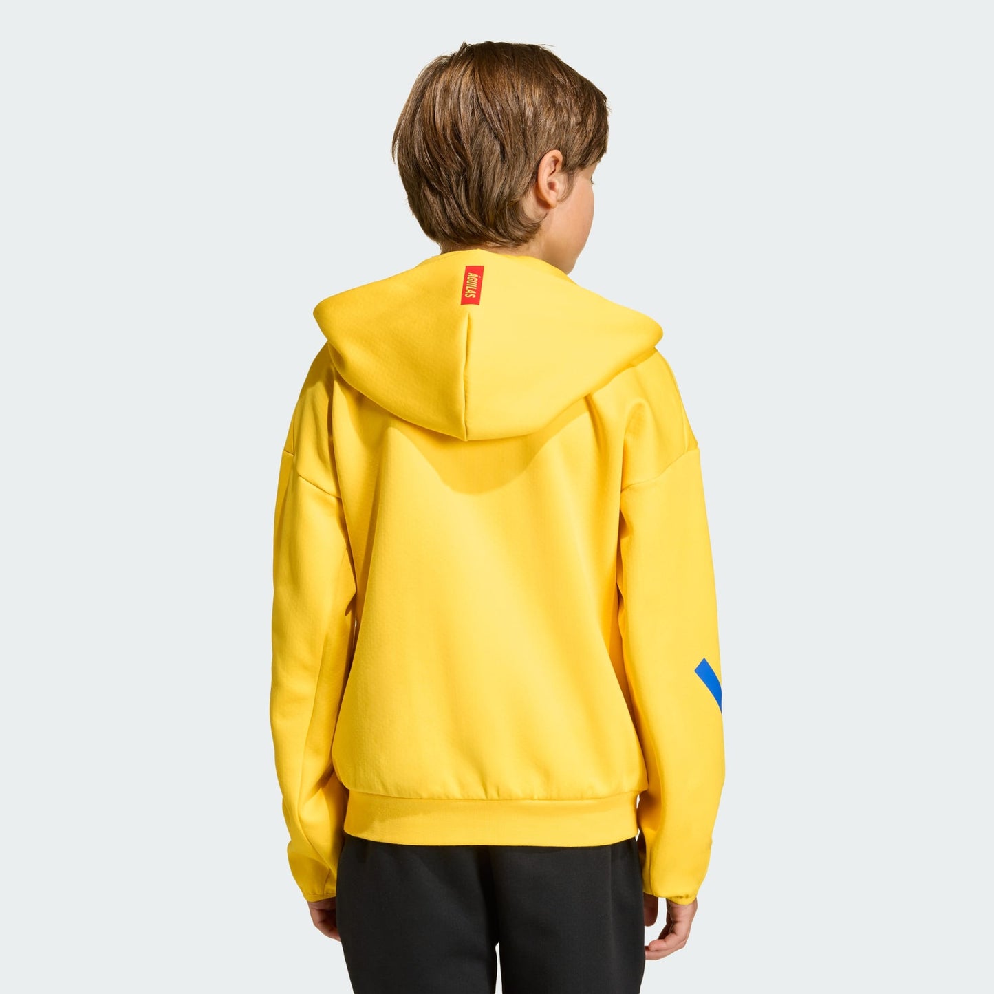 Child wearing a yellow hoodie with a red tag on a light gray background