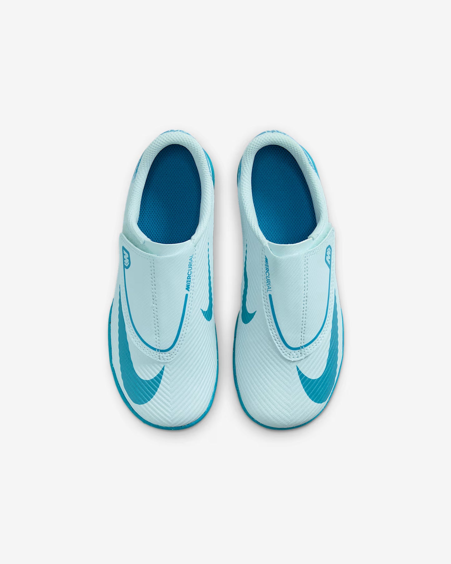 Pair of light blue children's shoes with a logo on a white background
