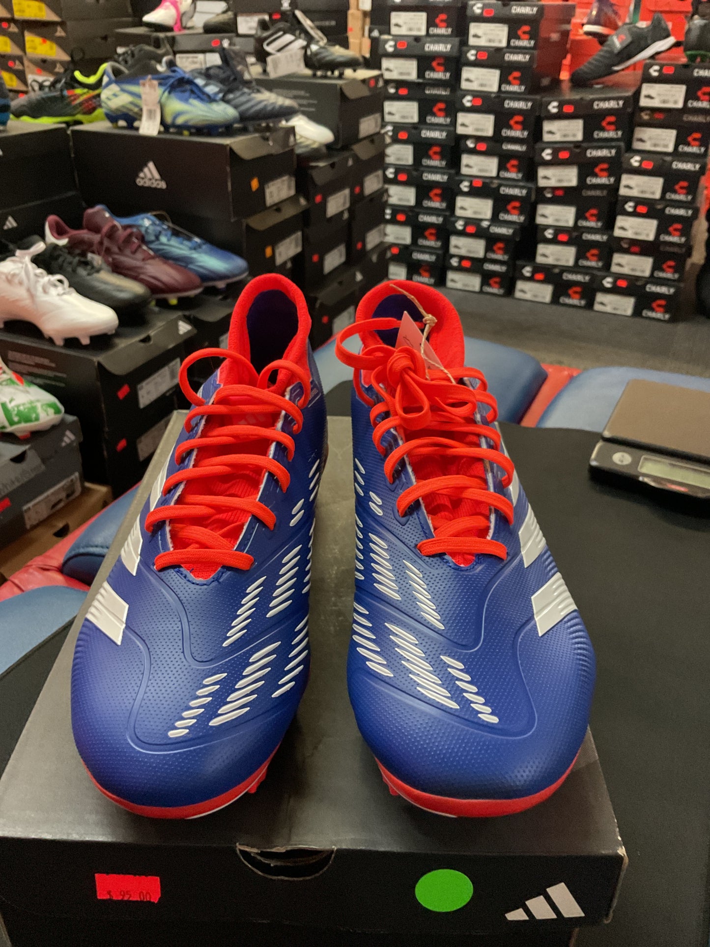 front PREDATOR LEAGUE FIRM GROUND SOCCER CLEATS (Blue/White/Red)