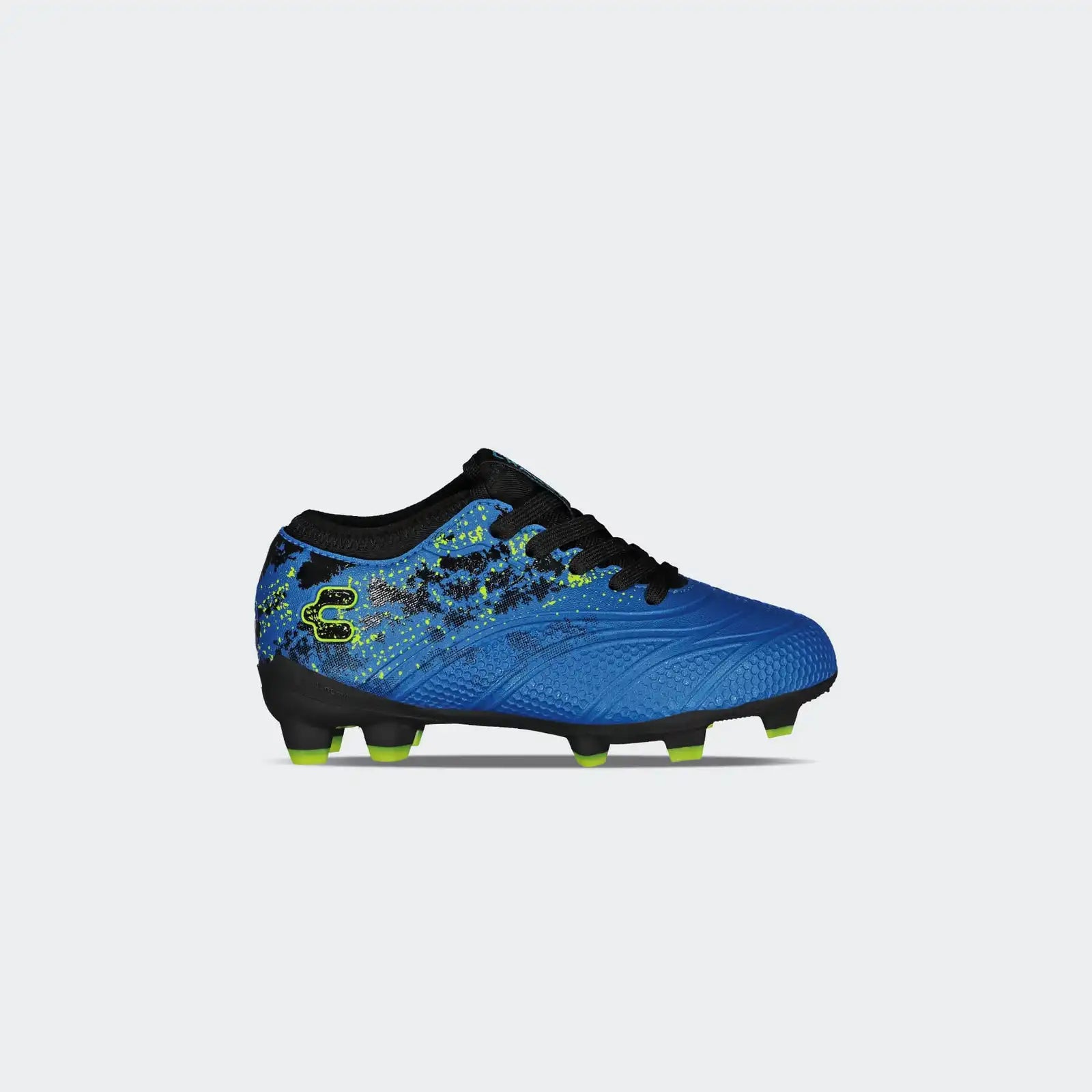 Blue soccer cleat with black and green accents on a light gray background