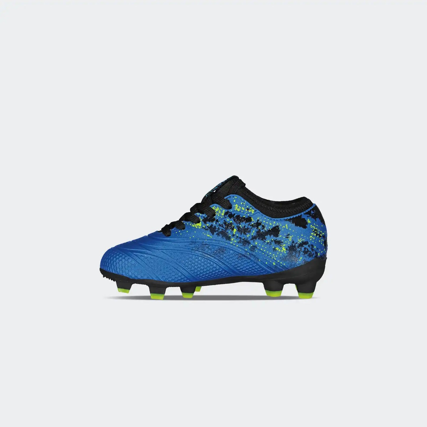 Blue soccer cleat with black and green accents on a light gray background