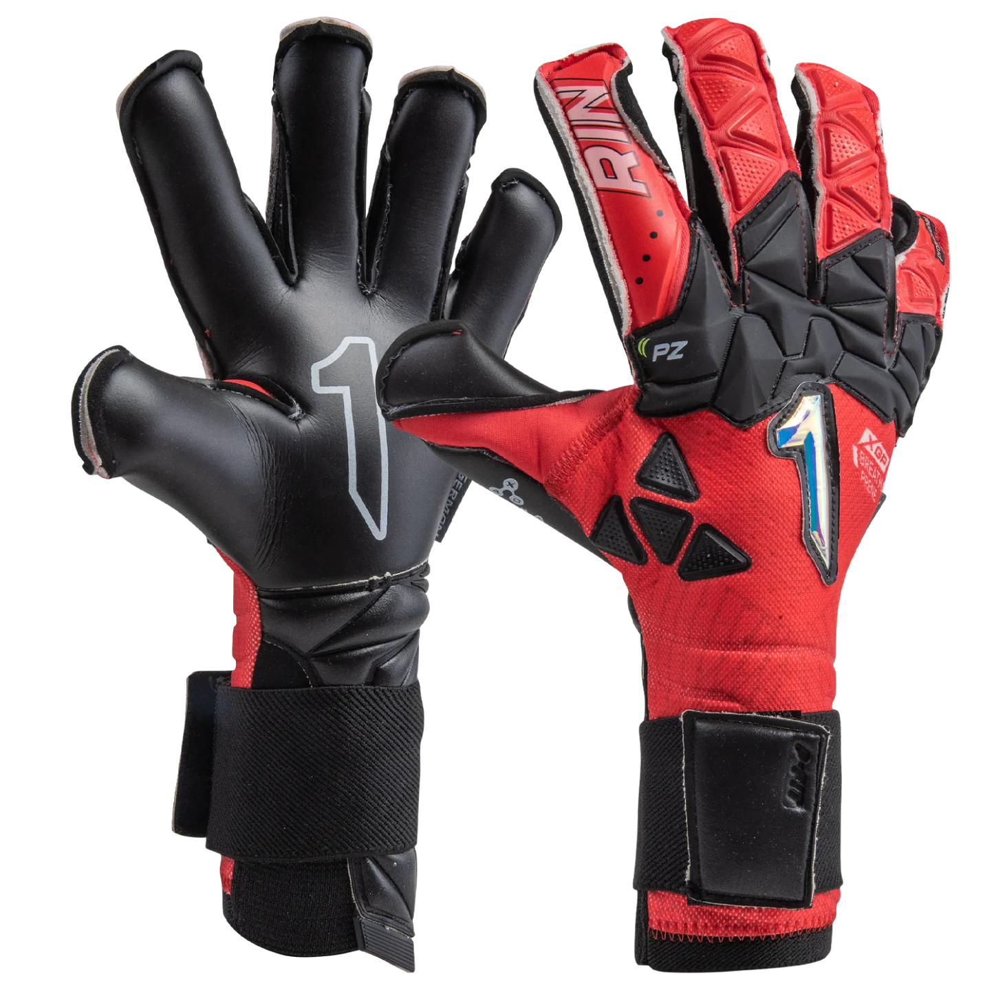 Rinat Xtreme Zhero Pro gloves front view red black colorway
Palm view German AXG latex of Rinat Xtreme Zhero Pro gloves