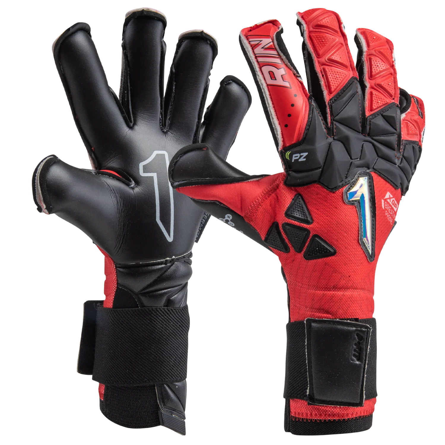 Rinat Xtreme Zhero Pro gloves front view red black colorway
Palm view German AXG latex of Rinat Xtreme Zhero Pro gloves