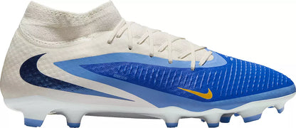Blue and beige soccer cleat with Nike logo on a white background