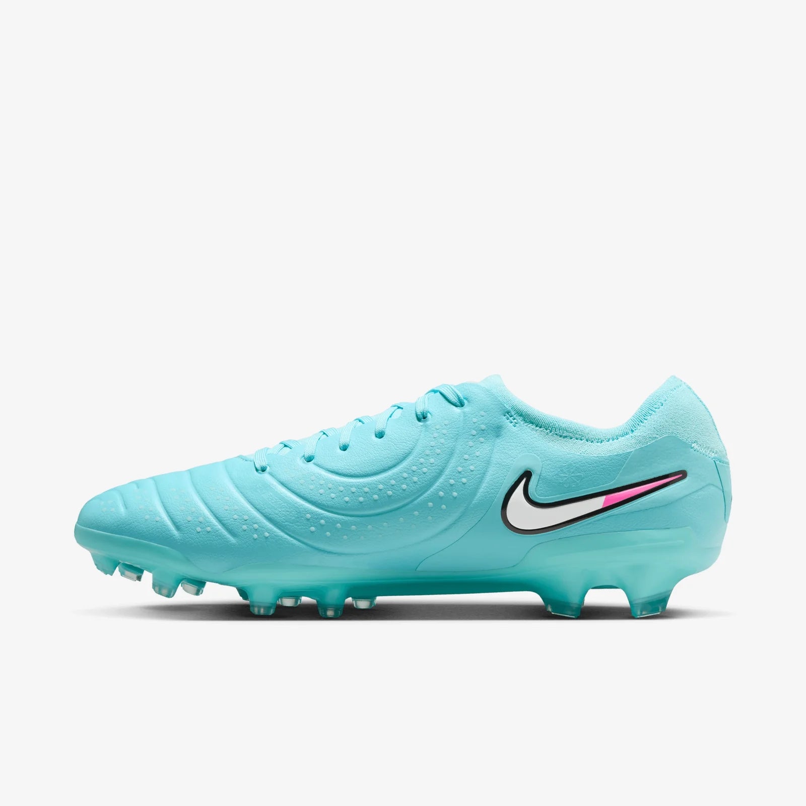 Turquoise soccer cleat with Nike logo on a white background