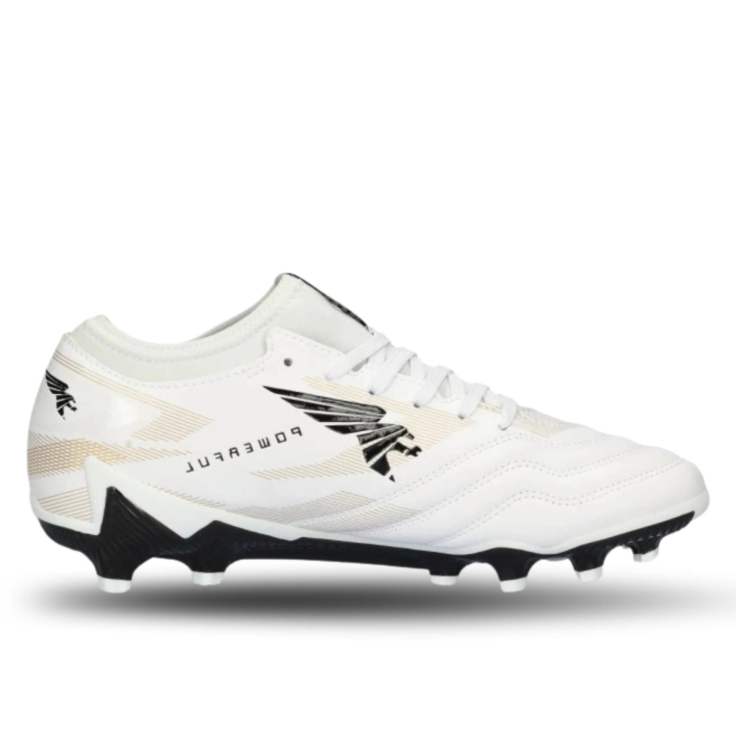 White soccer cleat with black accents on a white background