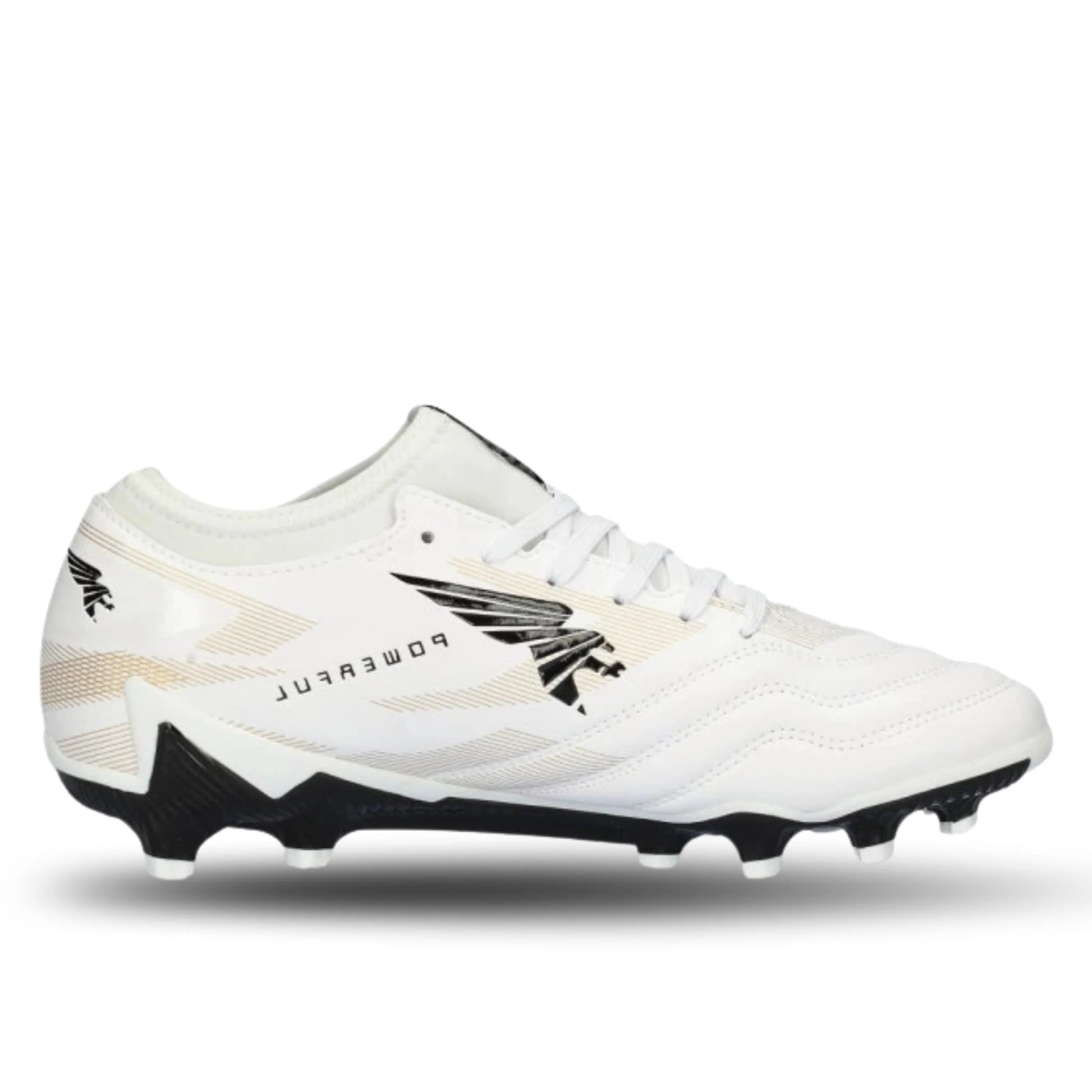 White soccer cleat with black accents on a white background