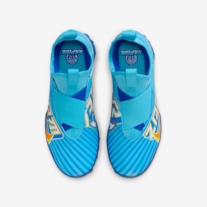 Pair of blue children's shoes with striped pattern on a white background