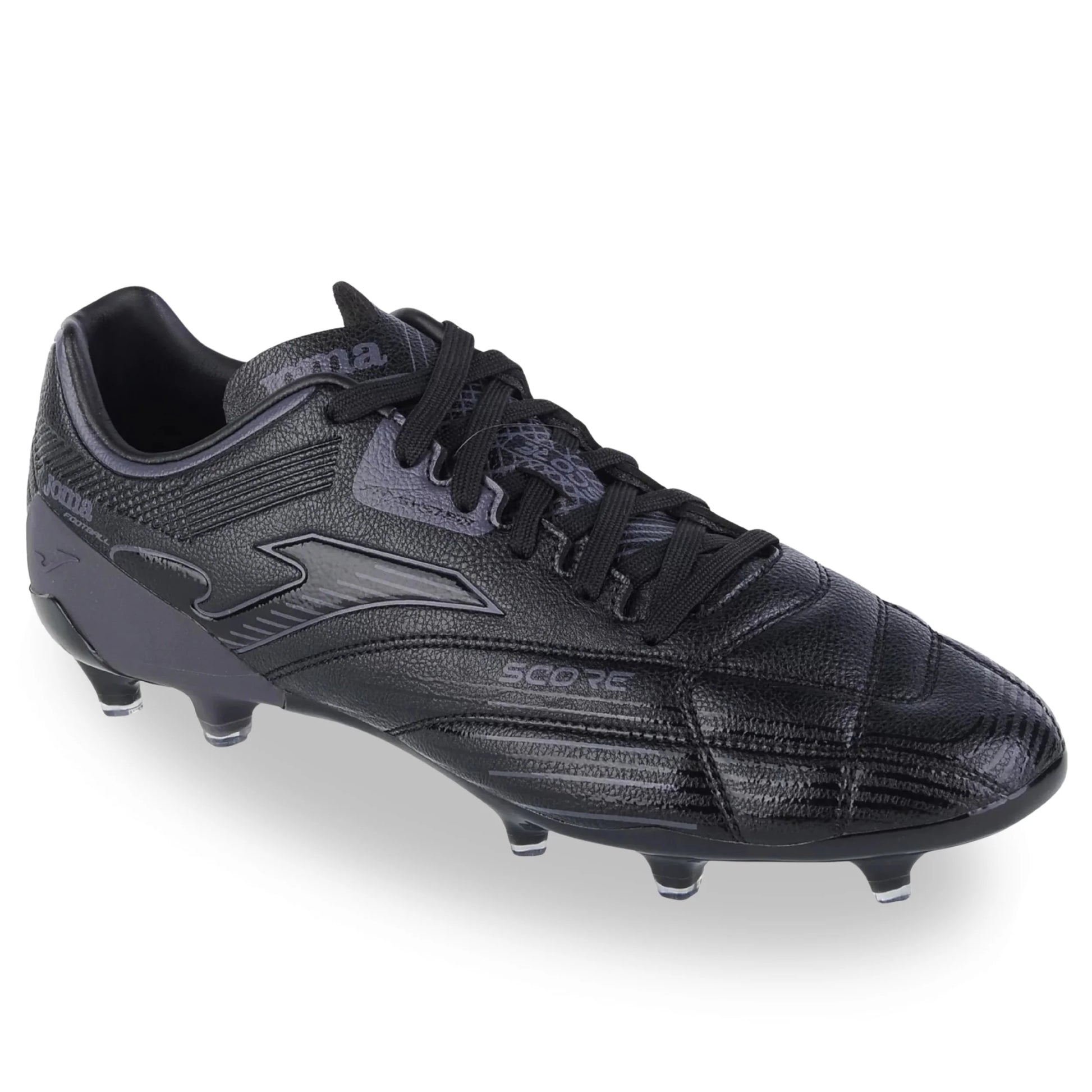 Black soccer cleat with visible branding on a white background