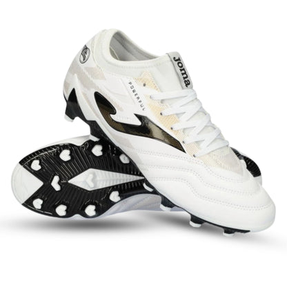 White soccer cleats with black soles on a white background