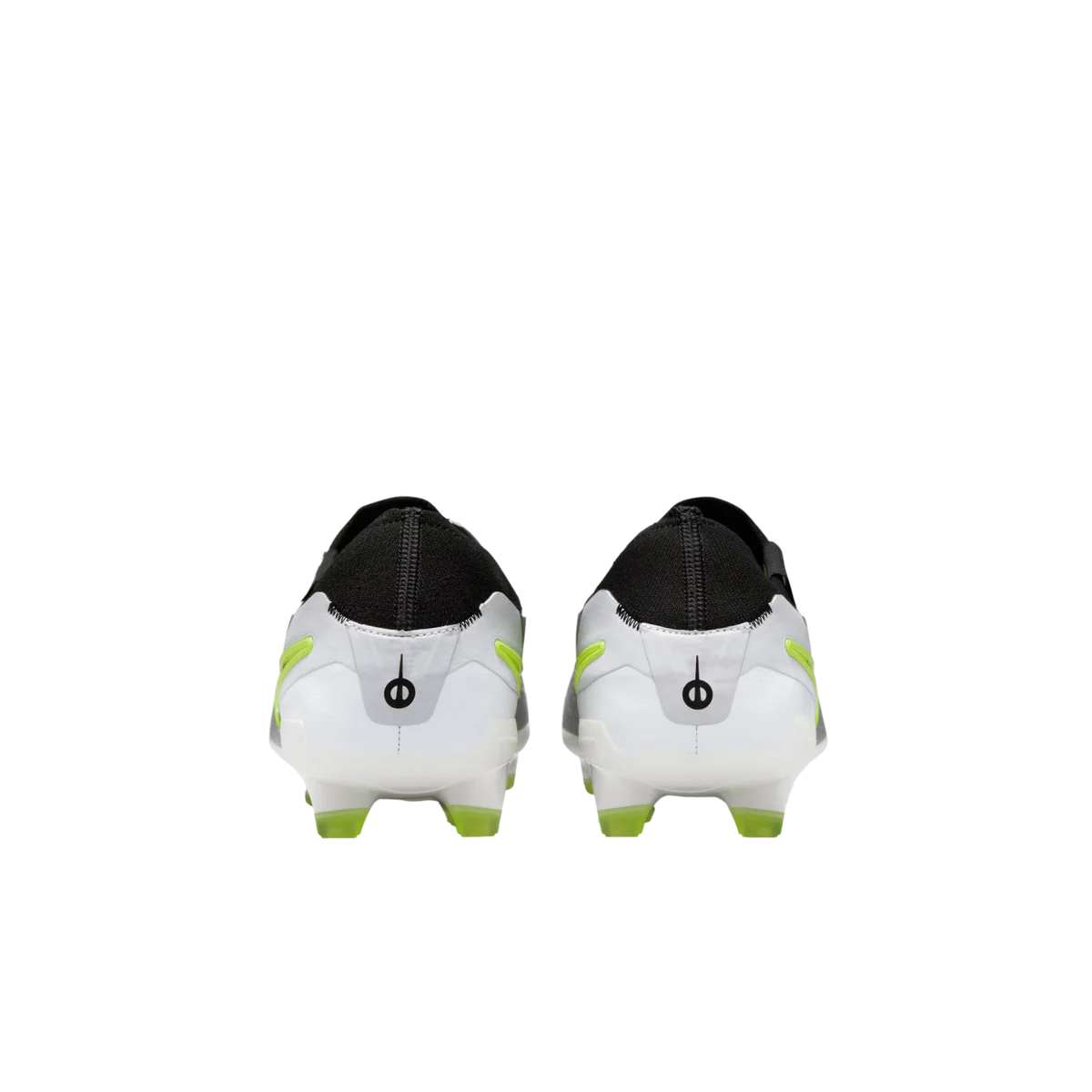 White soccer cleats with black and green accents on a white background