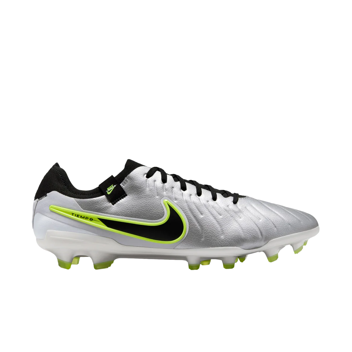 Silver soccer cleat with black and green accents on a white background