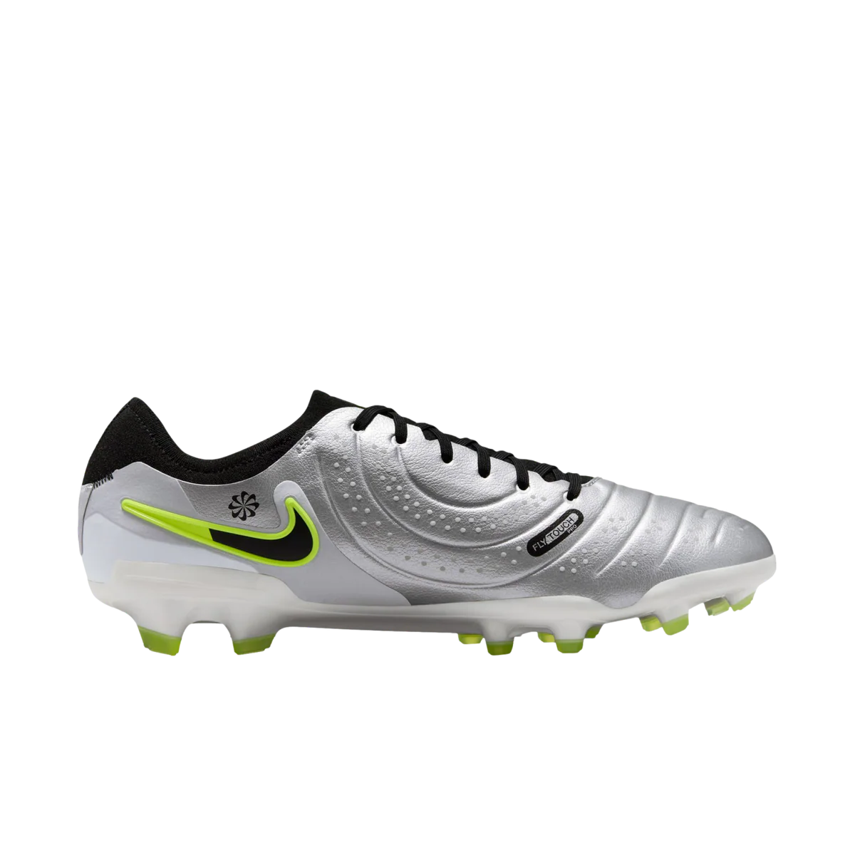 Silver soccer cleat with black and green accents on a white background