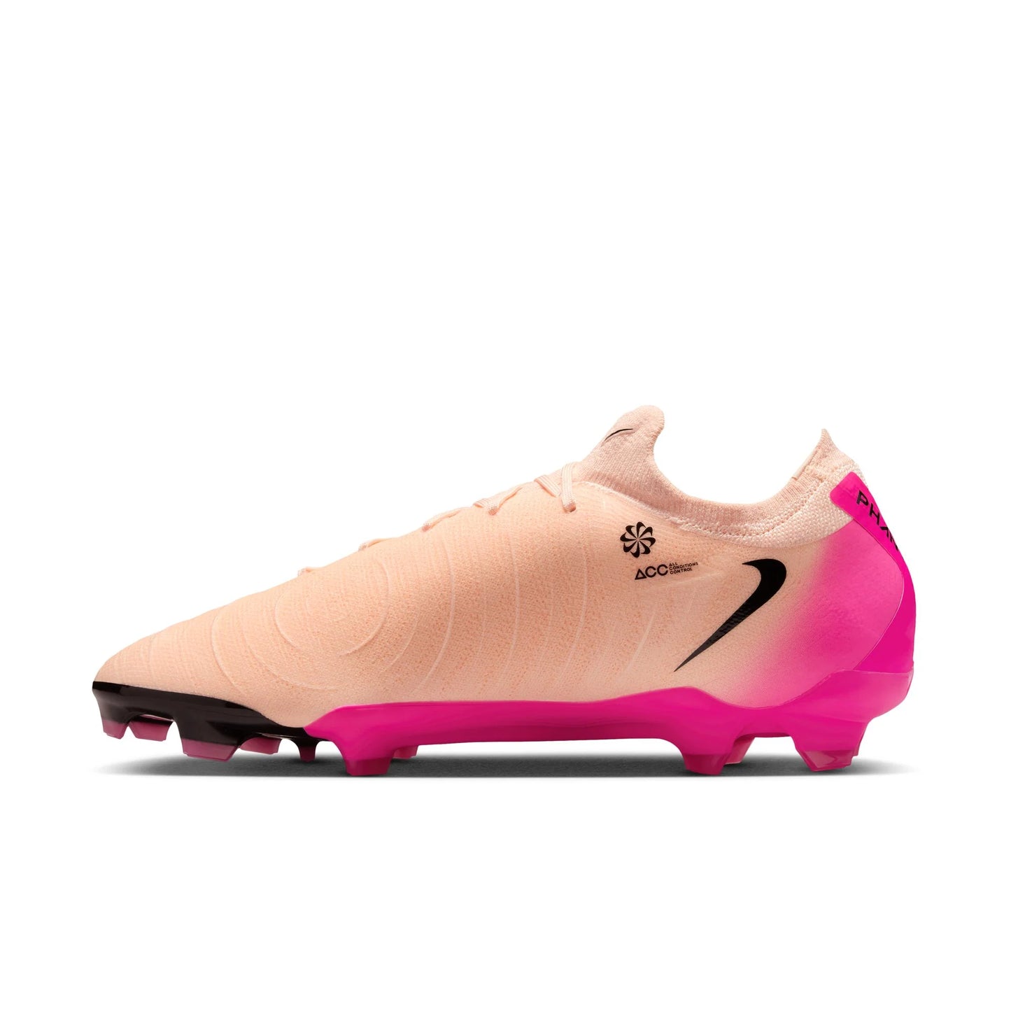 Pink and black soccer cleat on a white background