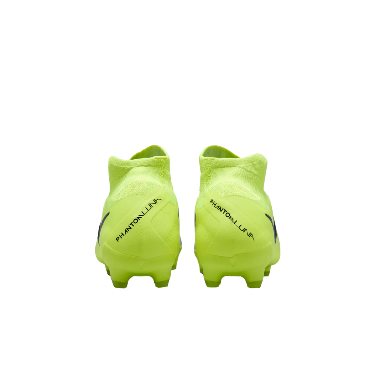 Pair of bright green soccer cleats with 'Phantom' branding on a white background