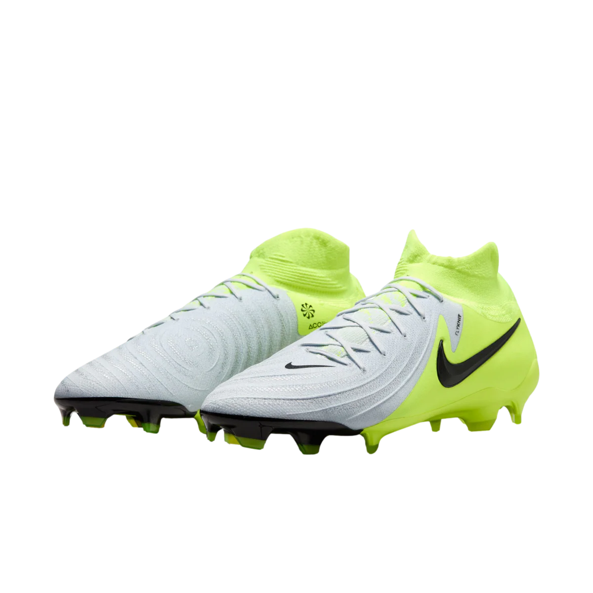 Pair of soccer cleats with a bright yellow and gray design on a white background