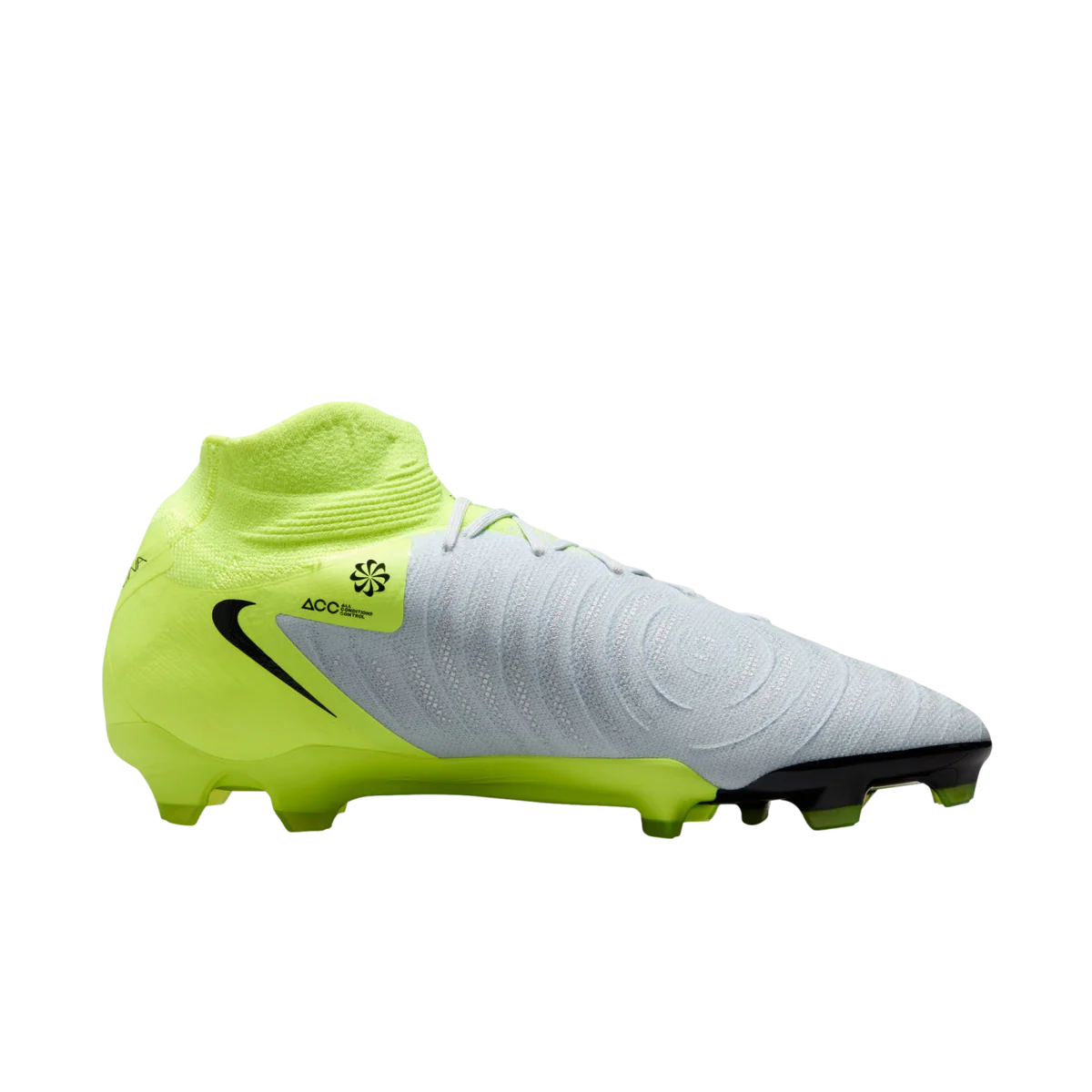 Football boot with green and gray design on a white background