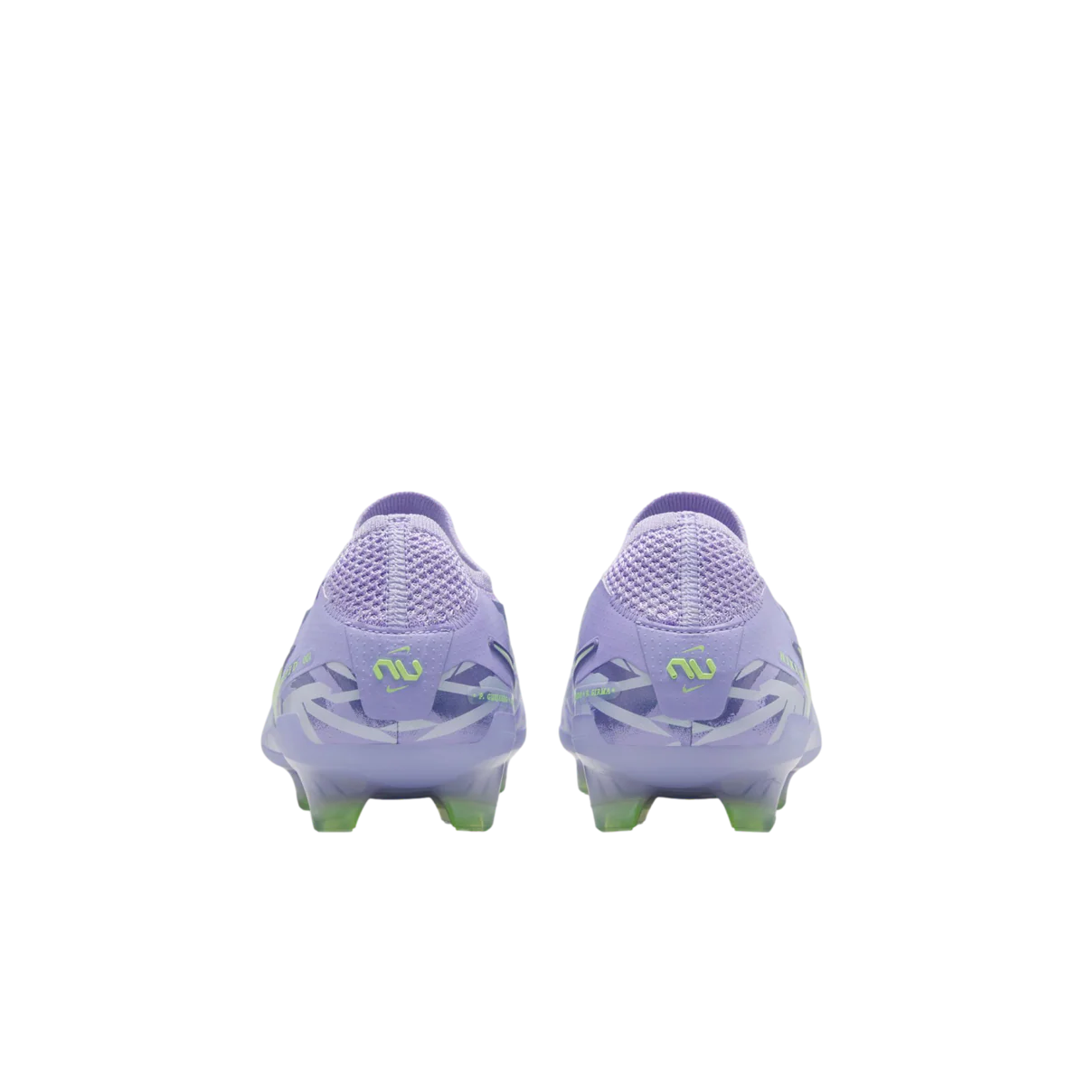 Pair of purple soccer cleats with green soles on a white background