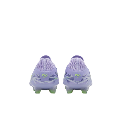 Pair of purple soccer cleats with green soles on a white background