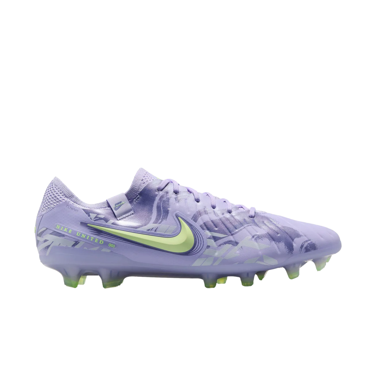 Purple soccer cleat with green accents on a white background