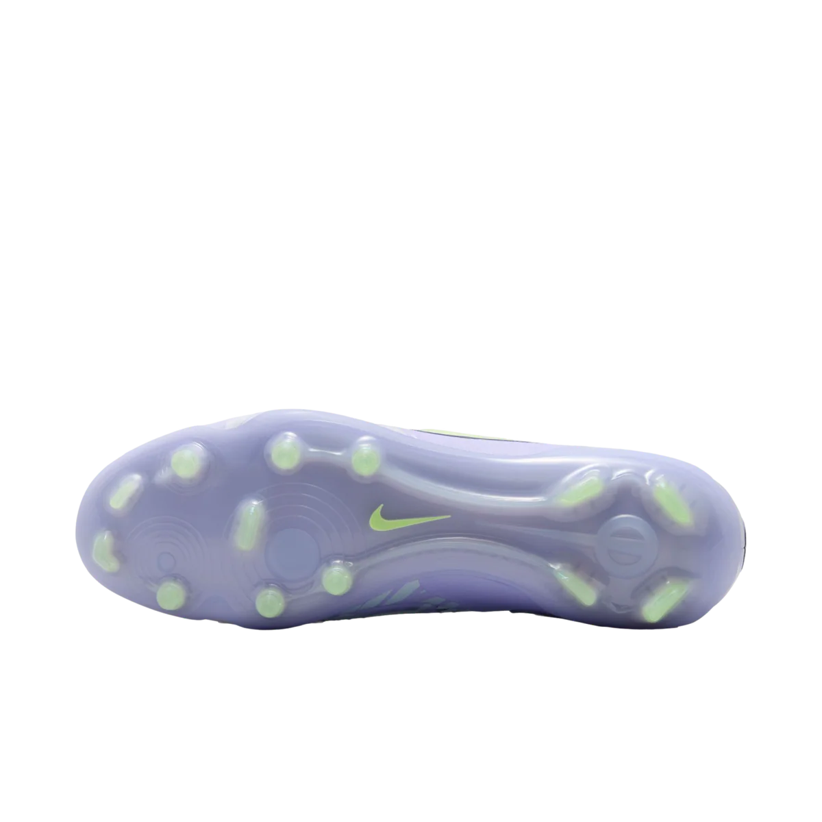 Purple athletic shoe sole with green accents on a white background