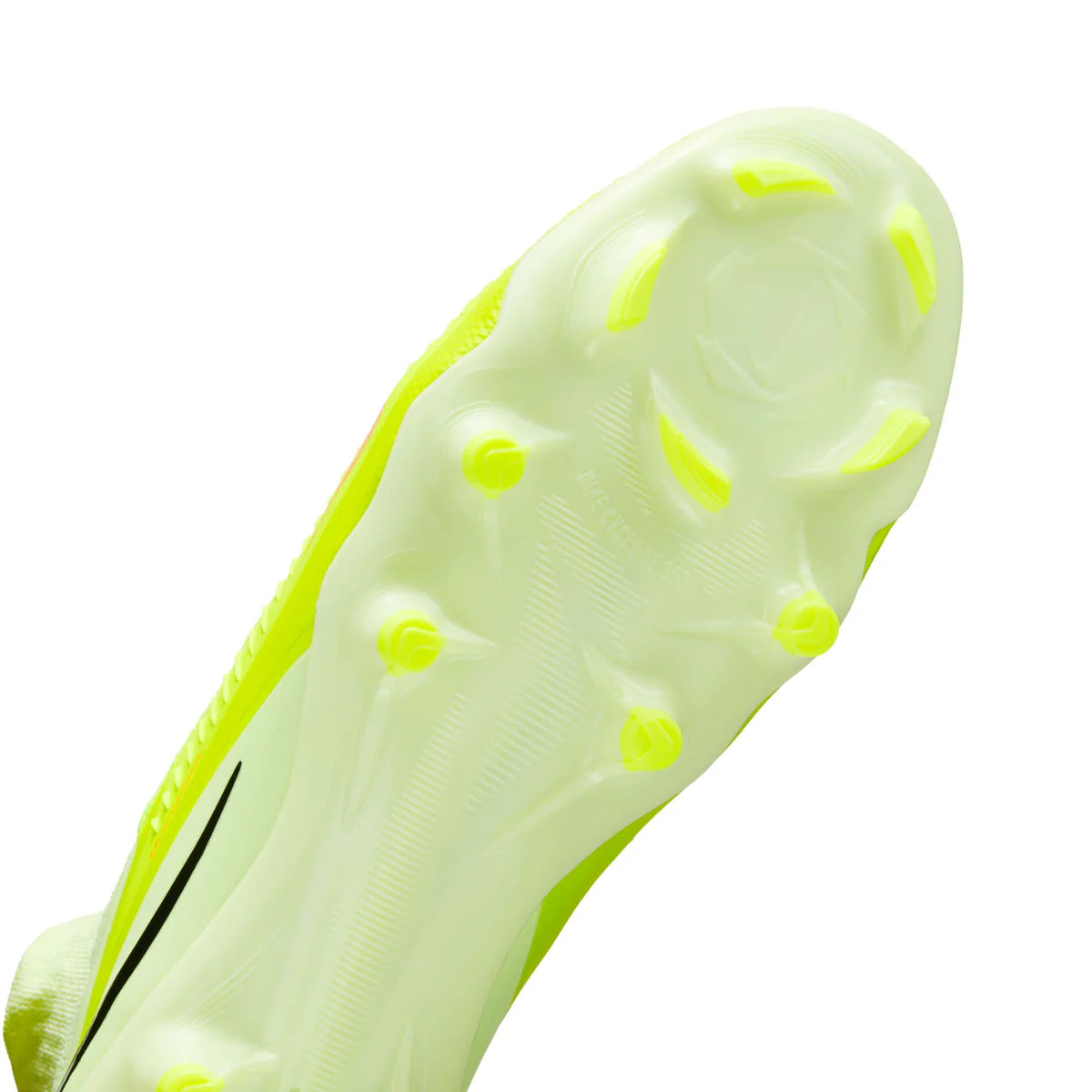 Close-up of a green and yellow soccer cleat sole on a white background