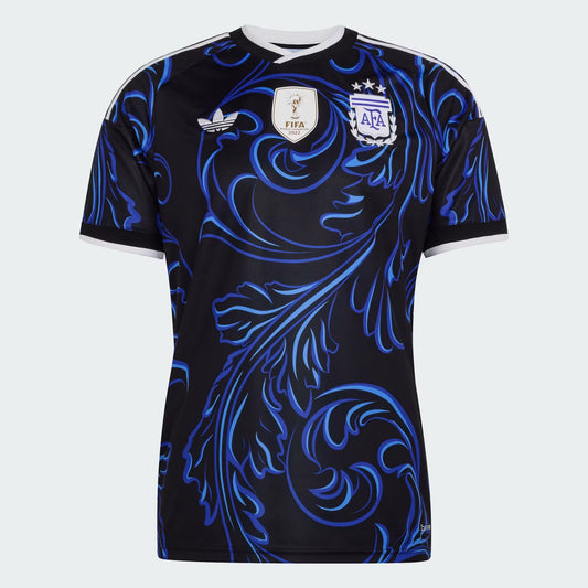 Black sports jersey with blue patterns and Adidas logo on a white background
