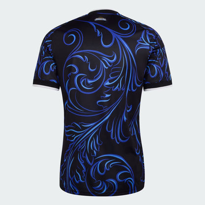 Black t-shirt with blue intricate patterns on a white background