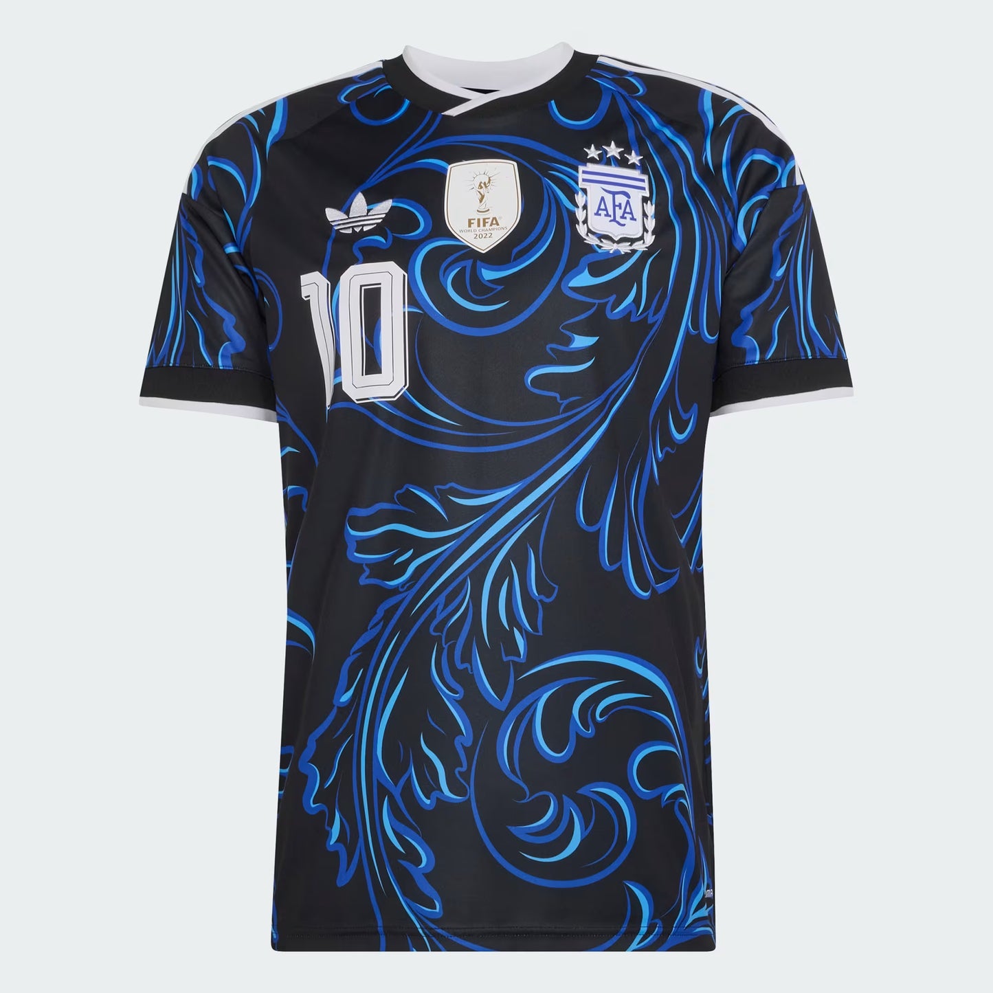 Black soccer jersey with blue patterns and Adidas logo on a white background