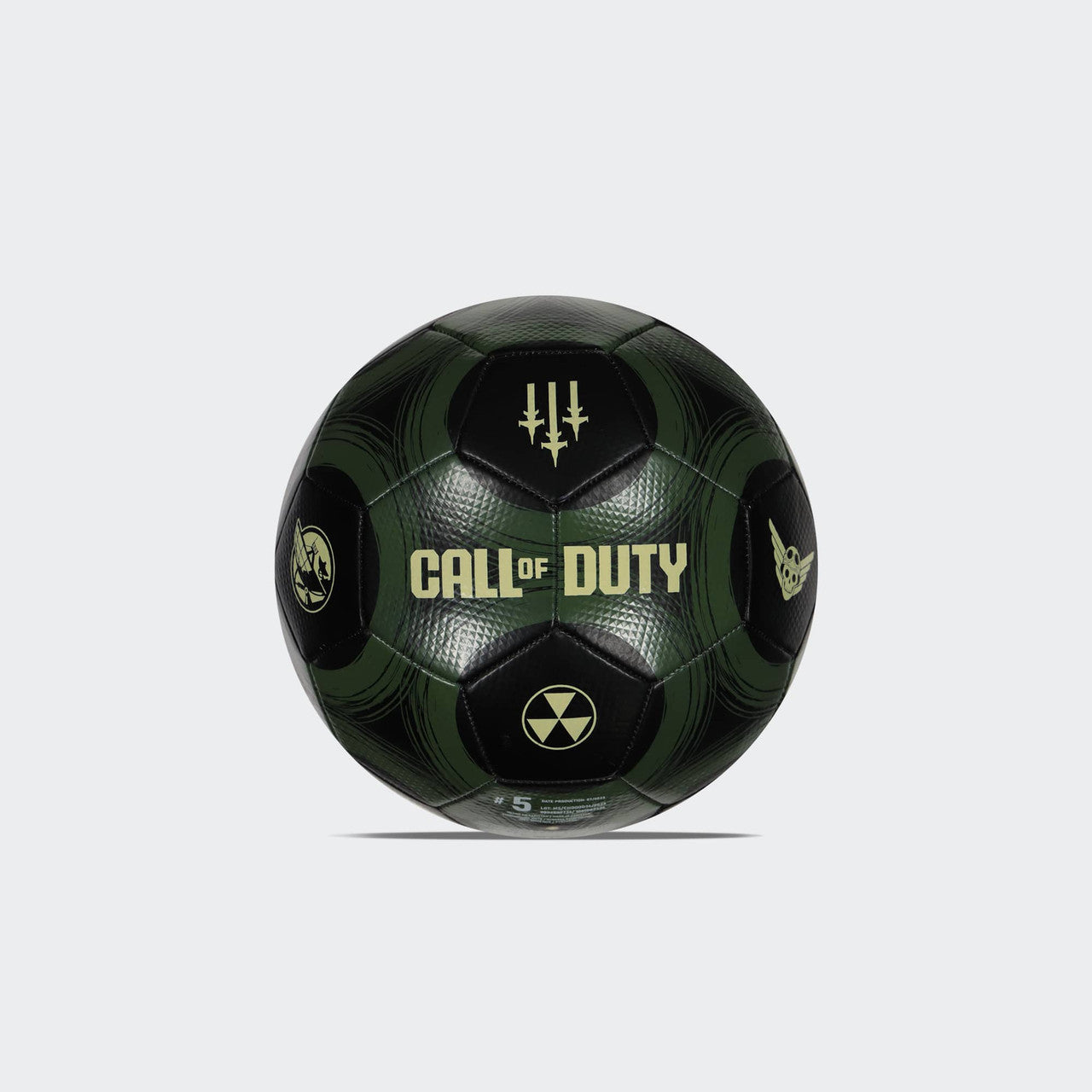 A black and green soccer ball with 'Call of Duty' text and game insignia.