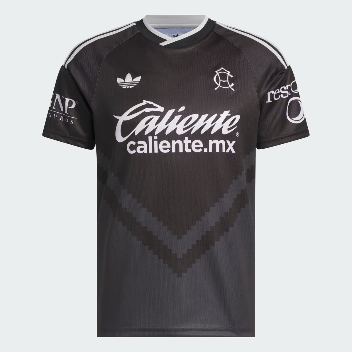 A black Adidas Caliente soccer jersey with white sponsor logos and shoulder stripes, shown against a light gray background.