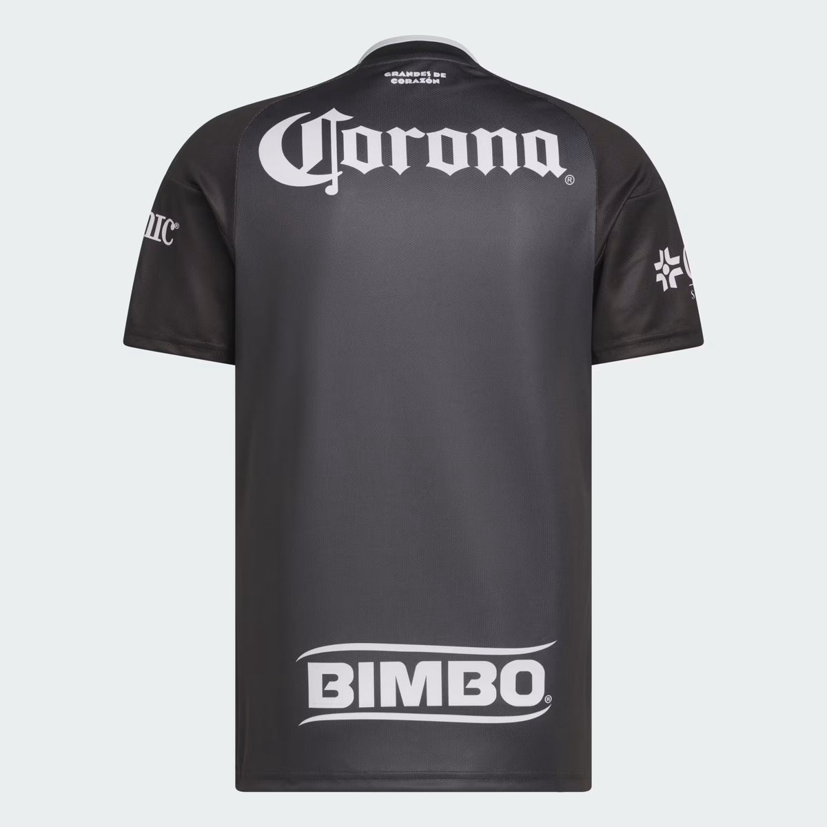 A black short-sleeve athletic jersey shown from the back, featuring a large white 'Corona' logo across the upper back and a white 'BIMBO' logo near the lower hem. The jersey is displayed on a light gray background.