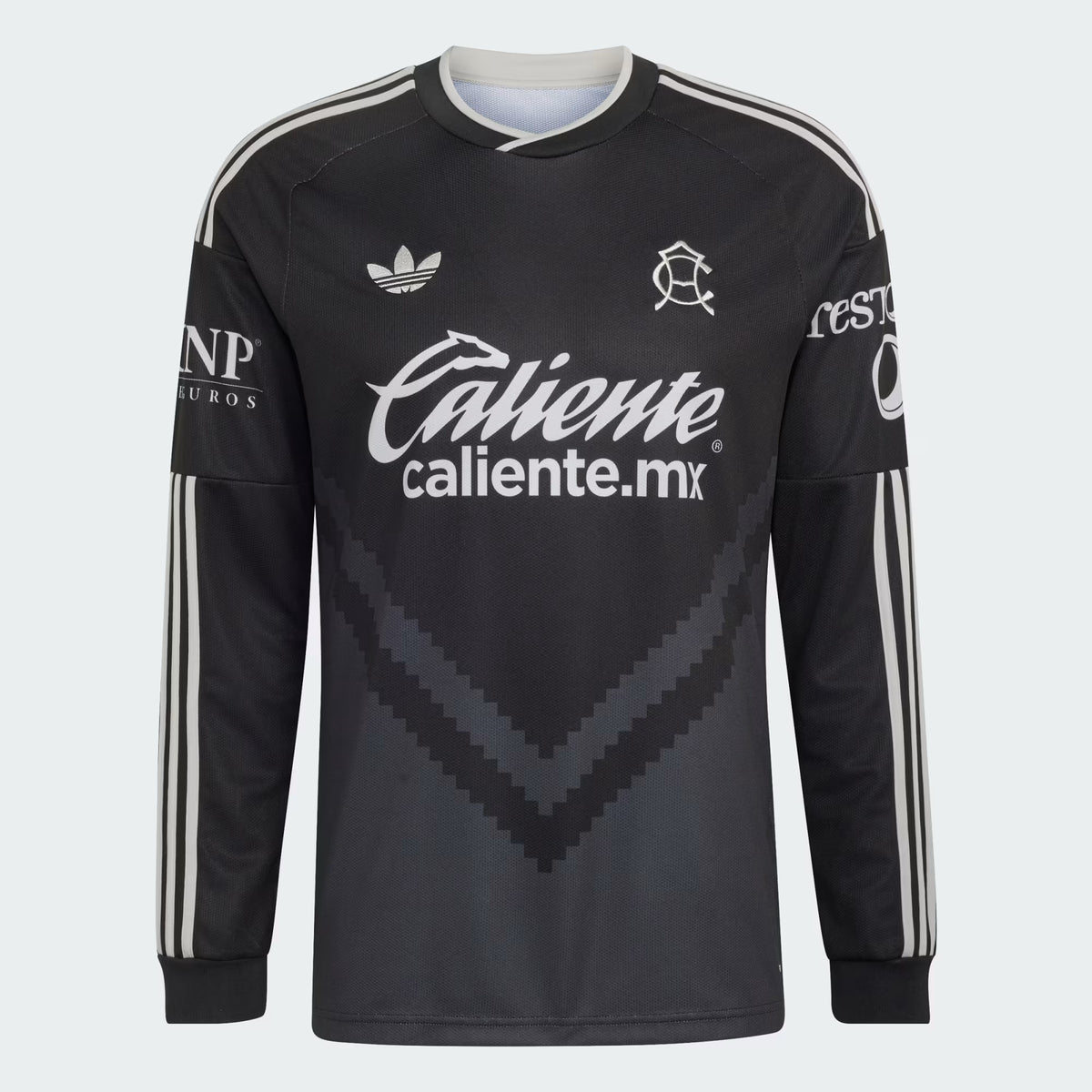 A black long-sleeve soccer jersey with white stripes on the sleeves, featuring the Adidas logo, Caliente.mx sponsor text, and Club America club crest on a light gray background.