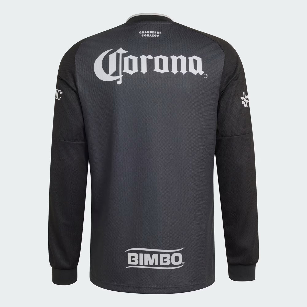 A dark gray long-sleeve jersey shown from the back, featuring a large white 'Corona' logo across the upper back and a white 'BIMBO' logo near the lower hem.