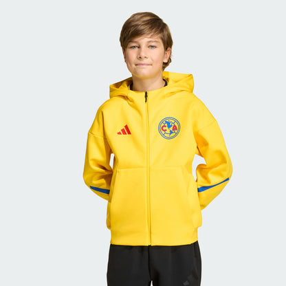 Child wearing a yellow jacket with a logo on a white background