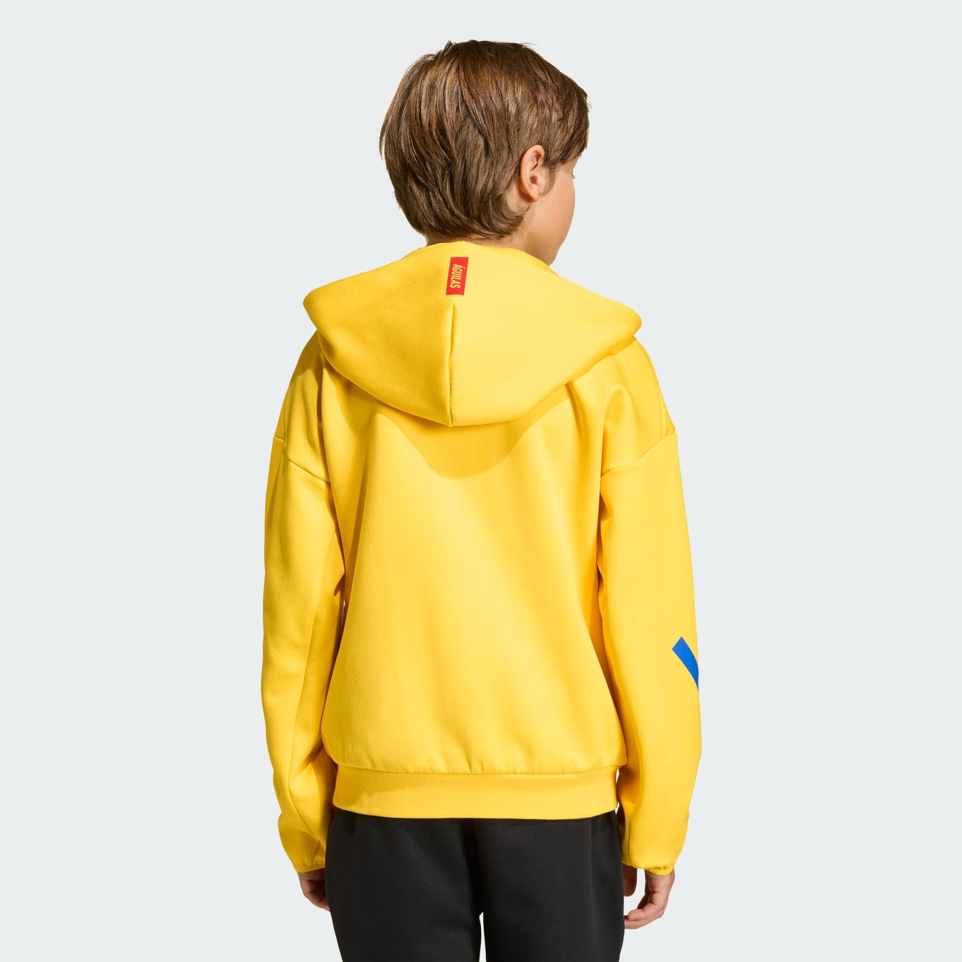 Child wearing a yellow hoodie with a red tag on a light gray background