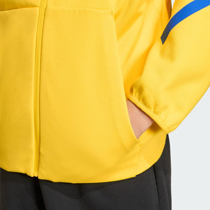 Yellow jacket with a blue stripe on a gray background