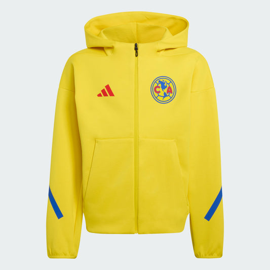 Yellow hoodie with Adidas logo and club emblem on a light gray background