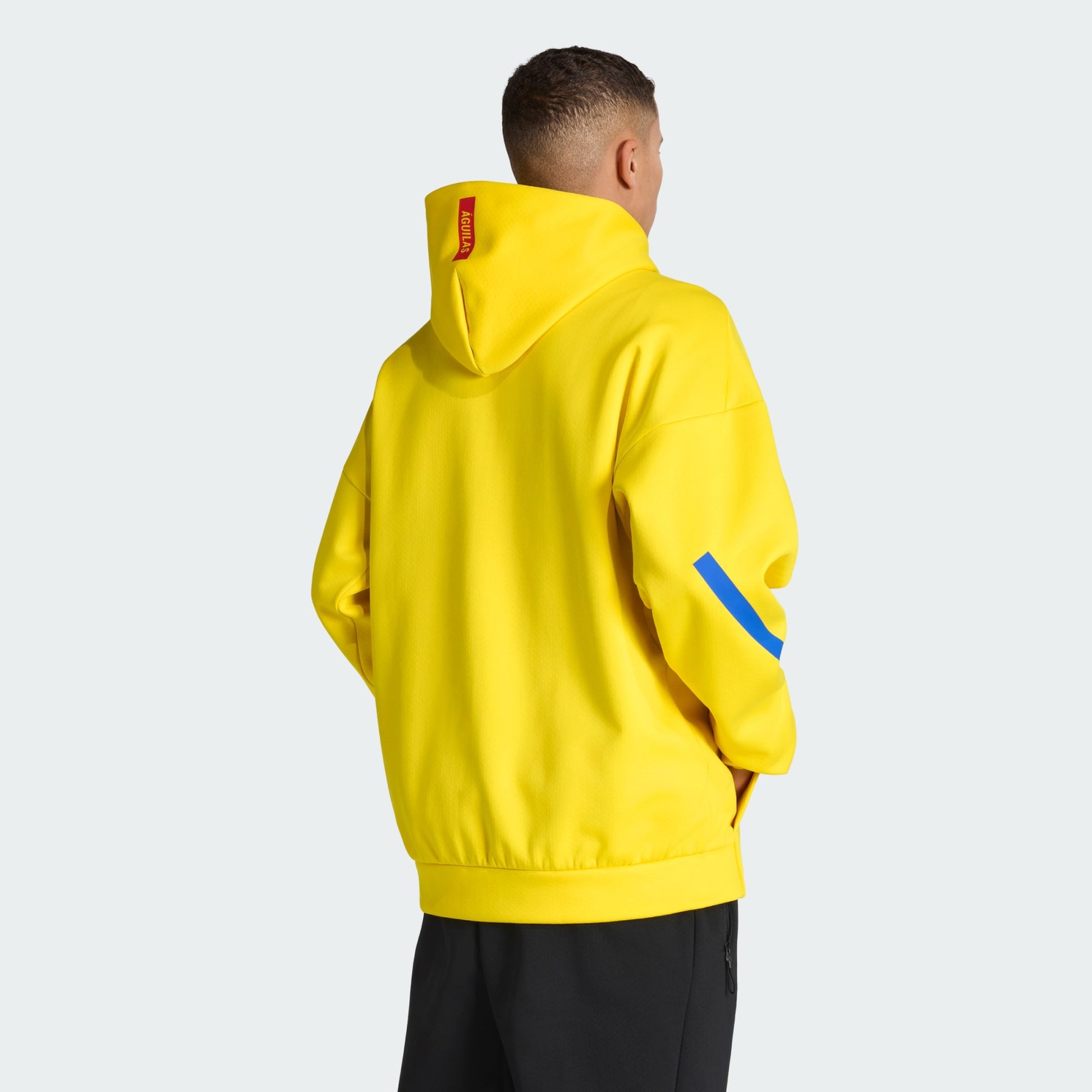 Person wearing a yellow hoodie with a blue stripe on a light gray background