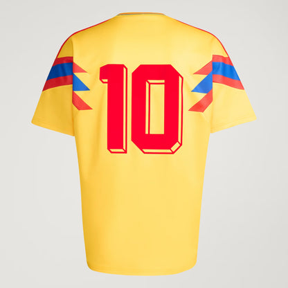 Yellow sports jersey with red number 10 and blue and red accents on a light gray background