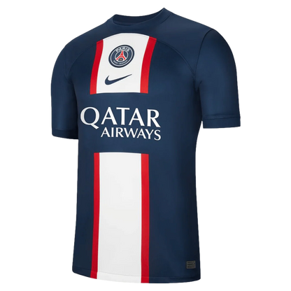 Navy blue sports jersey with Qatar Airways logo on a white background