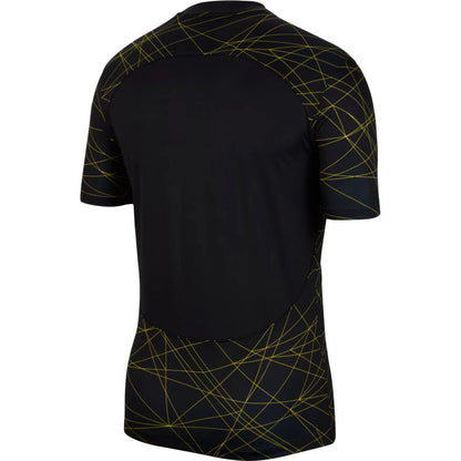 Black sports jersey with yellow geometric patterns on a white background