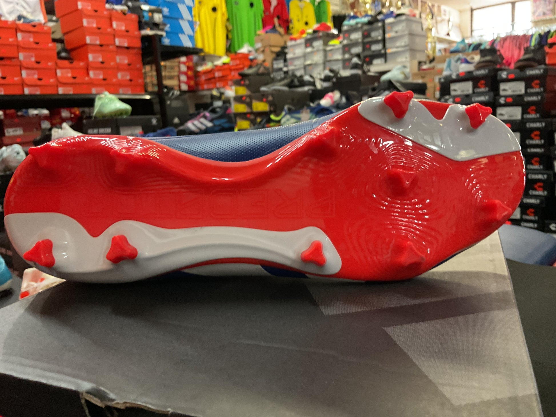 bottom PREDATOR LEAGUE FIRM GROUND SOCCER CLEATS (Blue/White/Red)