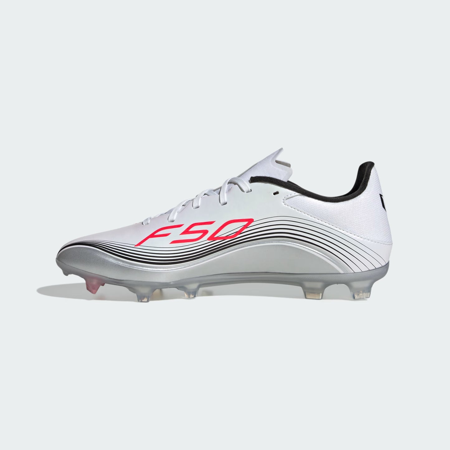 White soccer cleat with 'F50' branding on a light gray background