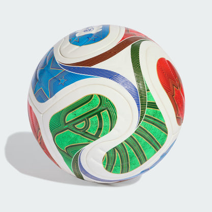 Colorful soccer ball with geometric patterns on a white background