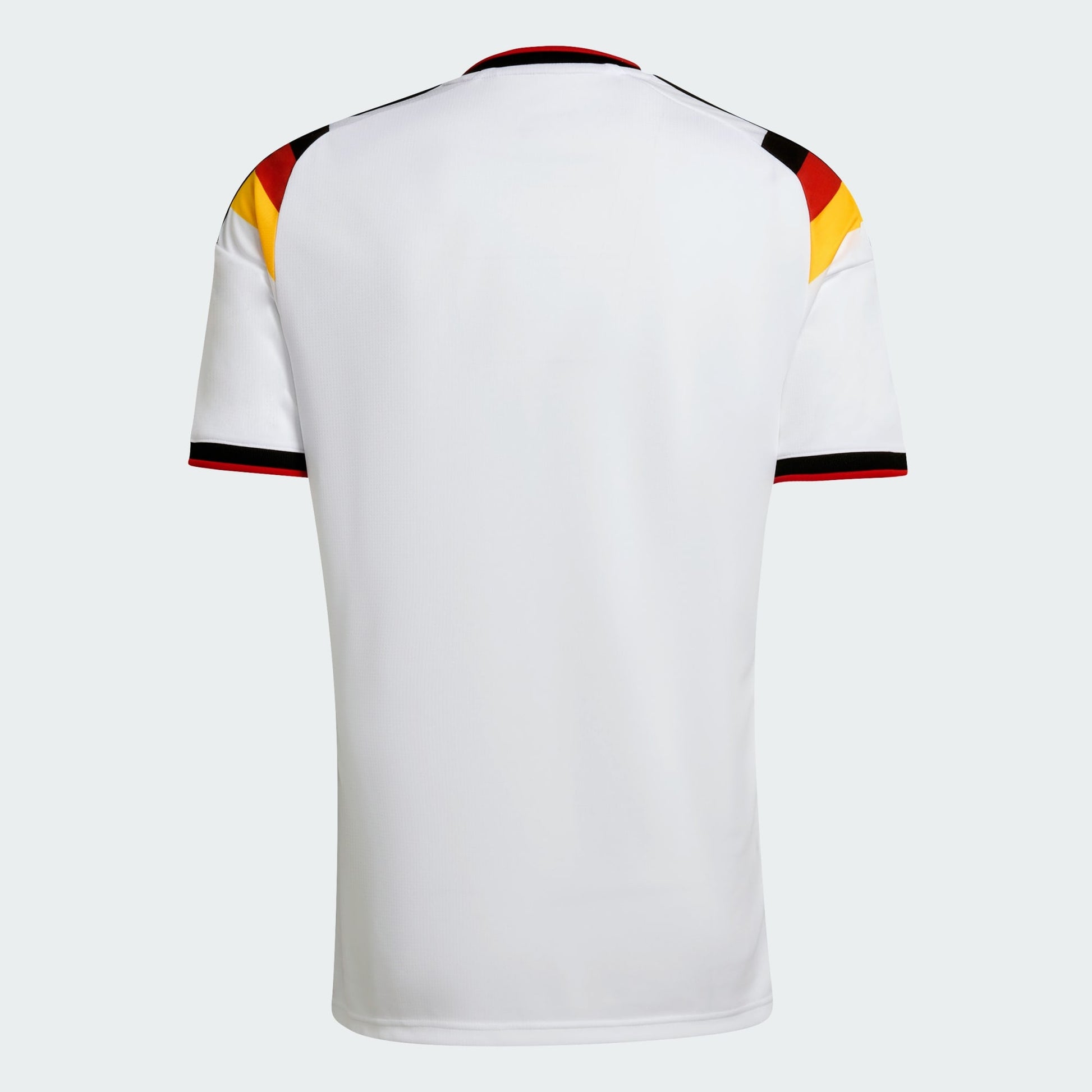 White sports jersey with red, yellow, and black accents on a white background