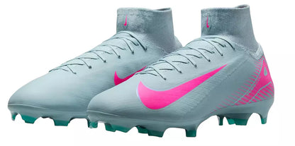 Gray soccer cleats with pink Nike logo on a white background