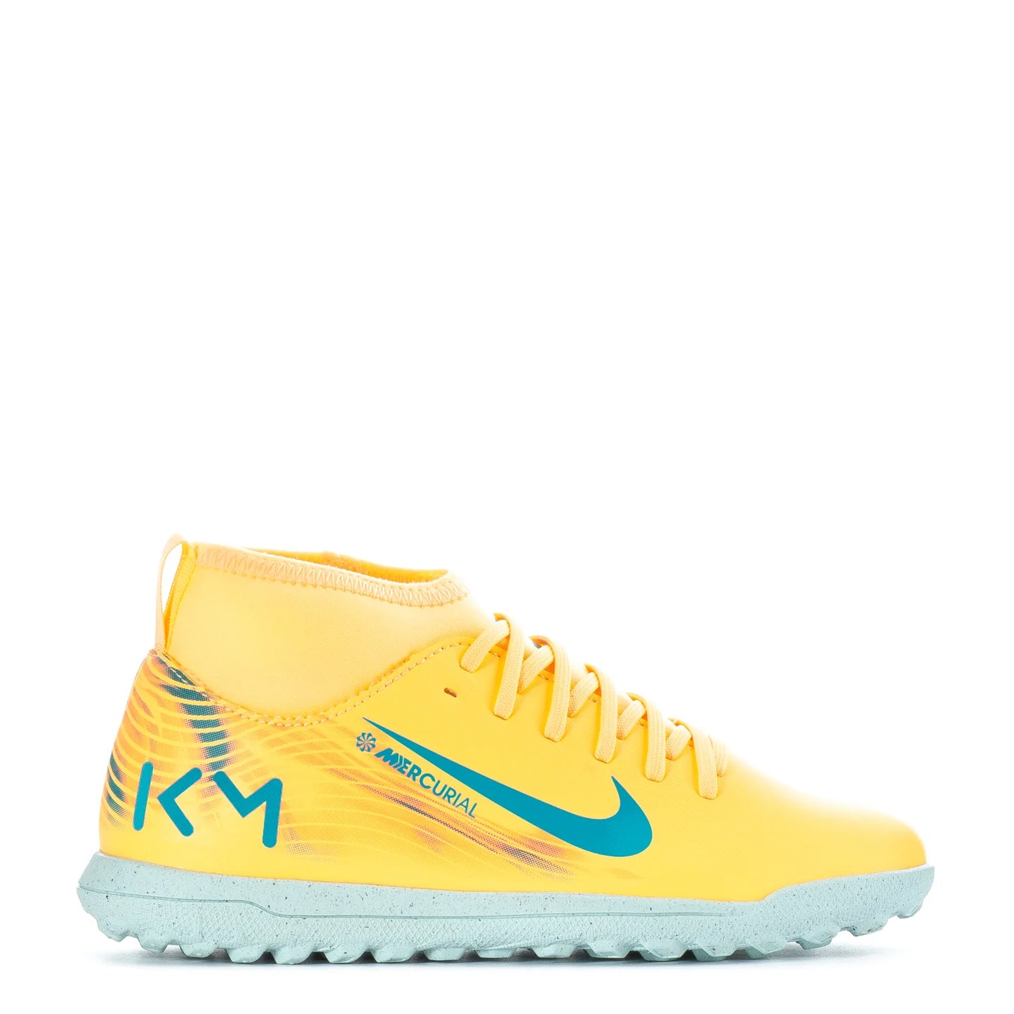 Yellow soccer cleat with blue accents on a white background
