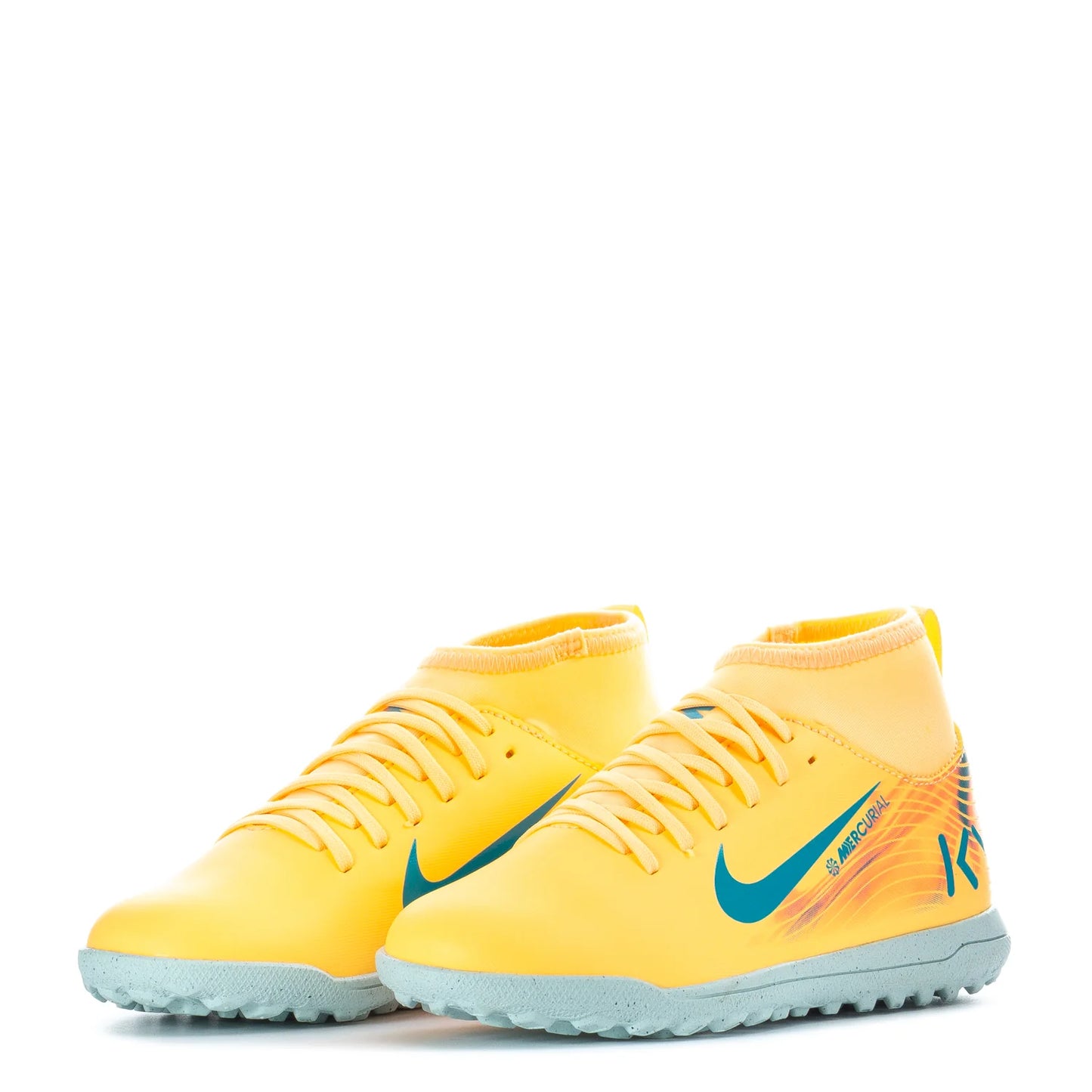 Yellow soccer cleats with blue accents on a white background